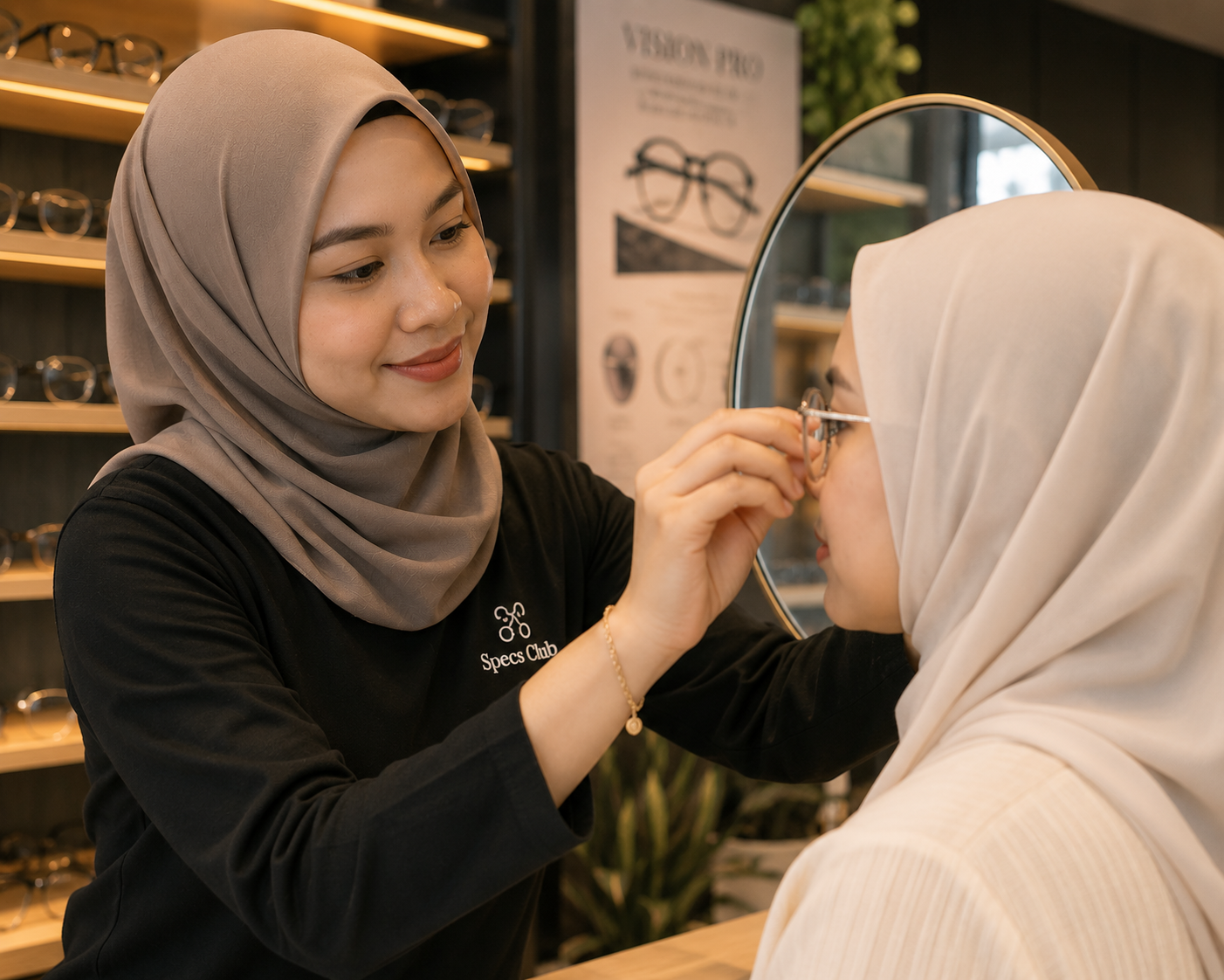 Specs Club optician carefully fitting eyeglasses for a customer