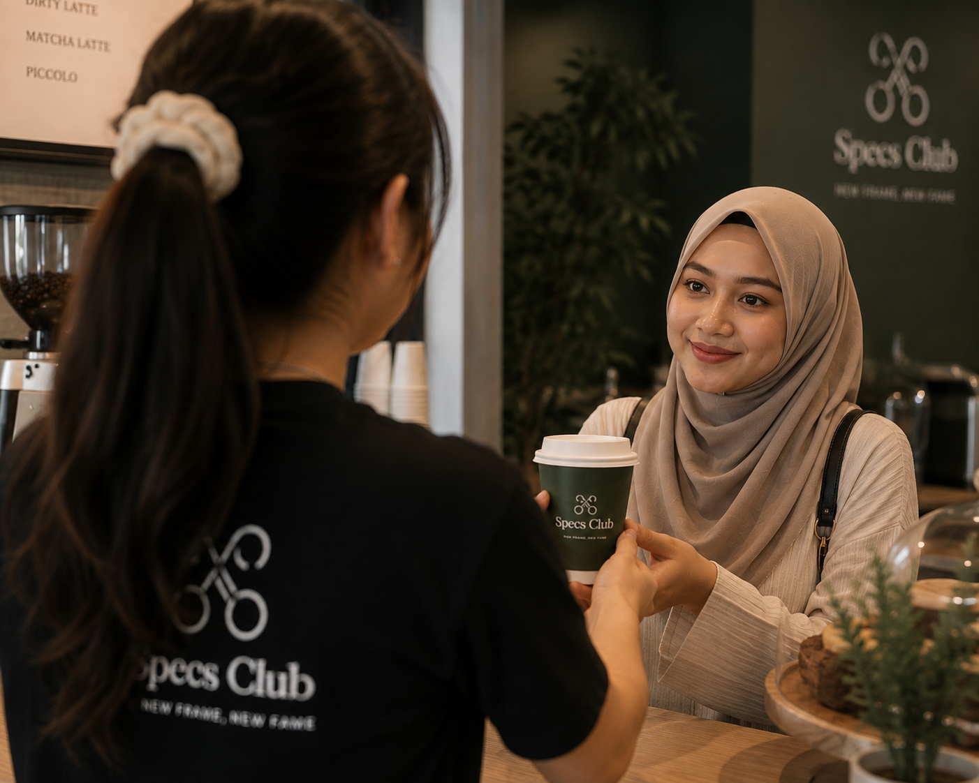 Specs Club team member serving coffee to a customer