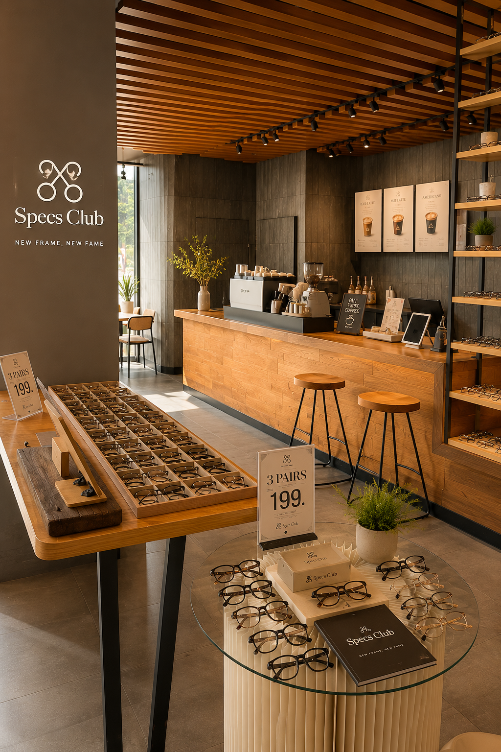 The real Specs Club café counter and eyewear showroom